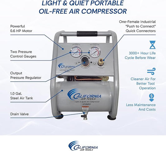 California Air Tools CAT-1P1060SP Light & Quiet Portable Air Compressor, Lightweight, Ultra Quiet, Oil-Free, 1 Gallon Steel Tank, .6 HP, 56 dBA Noise Level