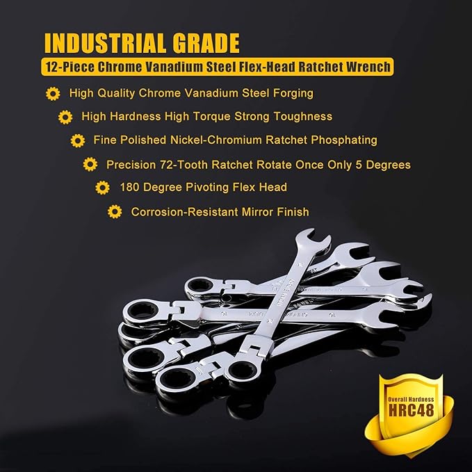 12-Piece 8-19mm Metric Flex-Head Ratcheting Wrench Set, Professional Chrome Vanadium Steel Ratchet Wrench, Combination Ended Span Kit with Portable Suspended Bag