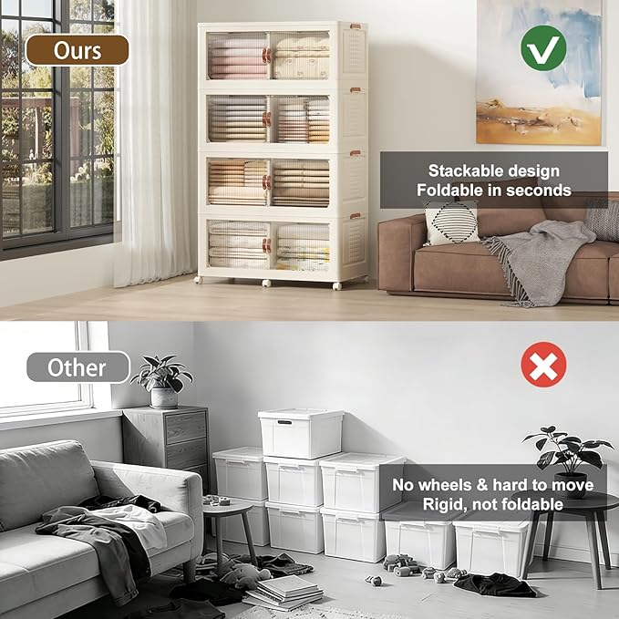 SAILUN 190Gal/760Qt Stackable Storage Bins Folding Collapsible Storage Bins with Lid, Closet Organizers and Storage Box with Door Cream 33.5" W x 19" D x 69" H
