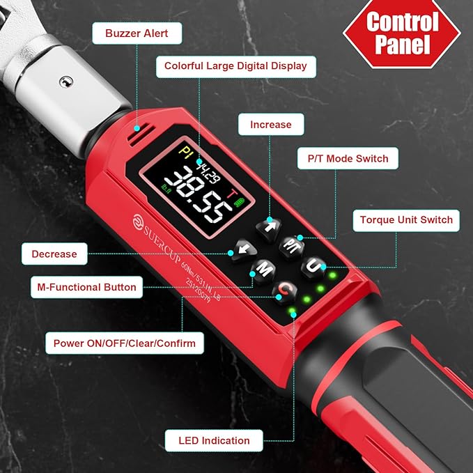 Adjustable Digital Torque Wrench 0.66-44.29Ft.Lb/0.9-60N.m,9x12 mm Open End Hvac Torque Wrench with 3/8 Drive Ratchet Head&42mm Jaw, Vibration, Buzzer,LED Notification for Split AC, Bike, Moto