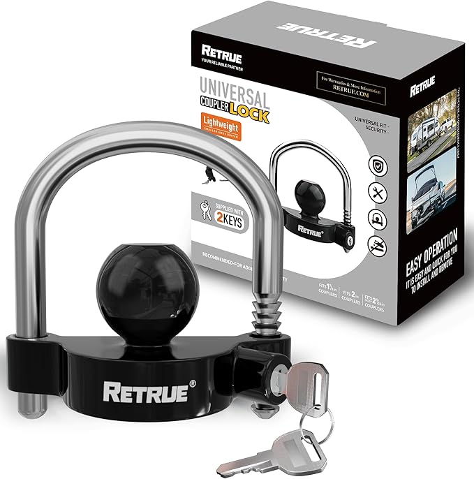 RETRUE Universal Coupler Lock Trailer Locks Ball Hitch Trailer Hitch Lock Adjustable Security Heavy-Duty Steel fits 1-7/8 Inch, 2 Inch, 2-5/16 Inch Couplers, Black (Pack of 2)