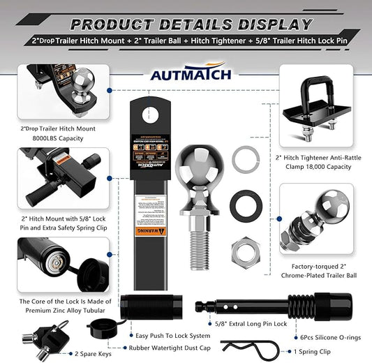 AUTMATCH Trailer Hitch Ball Mount with 2 Inch Hitch Ball - Fits 2" Receiver and 2-Inch Drop Tow Hitch, 8000Lbs Capacity Ball Hitch, Hitch Tightener with 5/8" Anti-Theft Hitch Lock Pin, Black