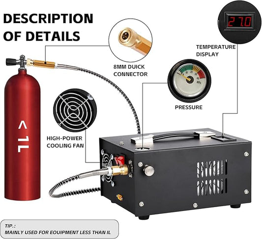 PCP Air Compressor, 4500Psi/30MPa, 12V DC/120V AC Airgun Compressor with Manual Shut-off, Built-in Filter Suitable for Airguns, Paintball Guns, High-Pressure Cylinders, Diving Tanks