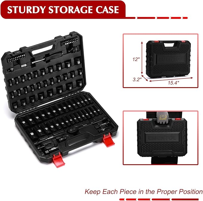 EMENTOL 109-Piece 3/8" Drive Socket Set, SAE (5/16"-15/16") & Metric (6mm-24mm), Deep & Shallow, with Ratchet Wrench, Extension Bars, Spark Plug Sockets, Universal Joint, Power Drill Adapter, Bits