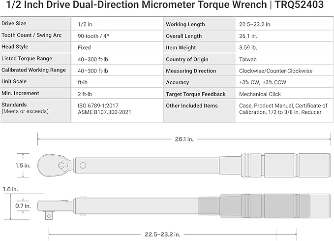 TEKTON 1/2 Inch Drive 90-Tooth Dual-Direction Micrometer Torque Wrench (40-300 ft-lb) | TRQ52403