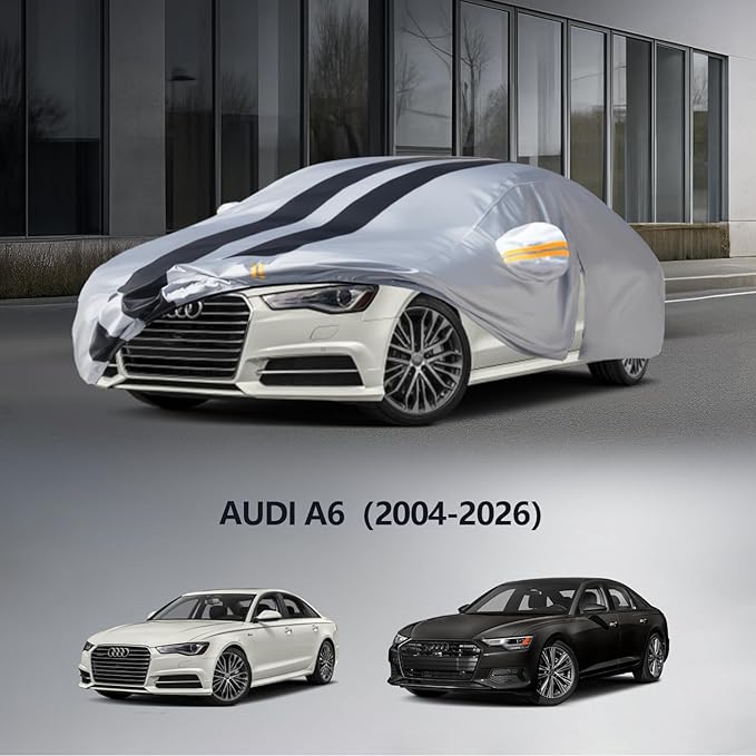 Multi-Layer Car Cover Custom Fit for Audi A6(2004-2026), 100% Waterproof All Weather for Automobiles, Gift with Towel, Heavy Duty Car Covers for Rain Sun UV Protection with Door Zipper