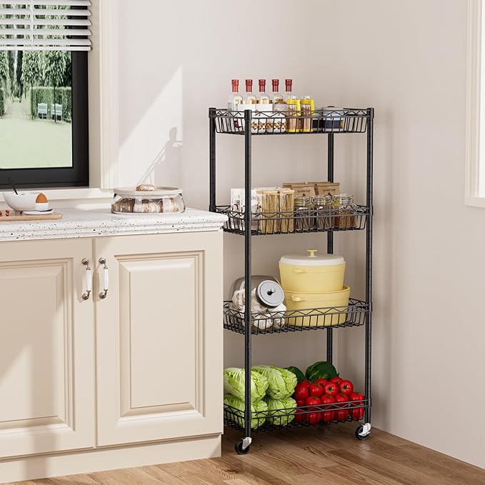 Golpart 4 Tier Shelf Wire Shelving Unit Adjustable Storage Shelves Big Basket Rack Standing Units for Kitchen Closet Laundry Bathroom Organizers Metal Pantry Mesh 10" D x 16" W x 55" H Black