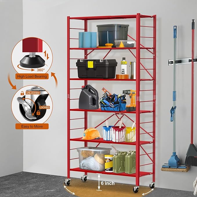 Himix 6 Tier Foldable Storage Shelves, Expandable Folding Bookshelf with Wheels, Changeable into 2 Shelf Units, Collapsible Adjustable Storage Rack Metal Shelves for Garage Kitchen, Basement, Red