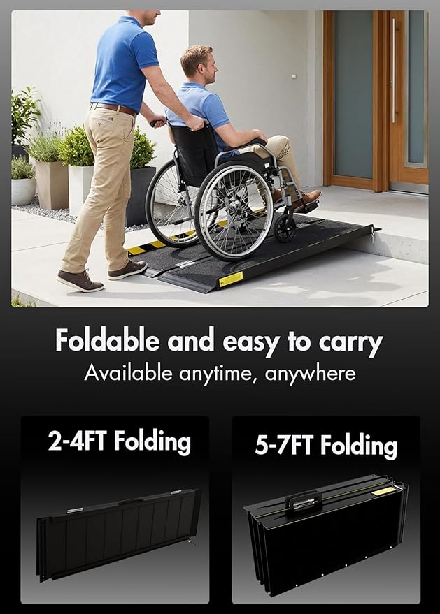 Portable Wheelchair ramp 2FT,Non-Slip Aluminum Threshold ramps for Home Steps,Folding Handicap ramp,doorways,Stairs,Scooter,Weight Capacity 800LBS (2FT(Usable Height 2-6 inch))
