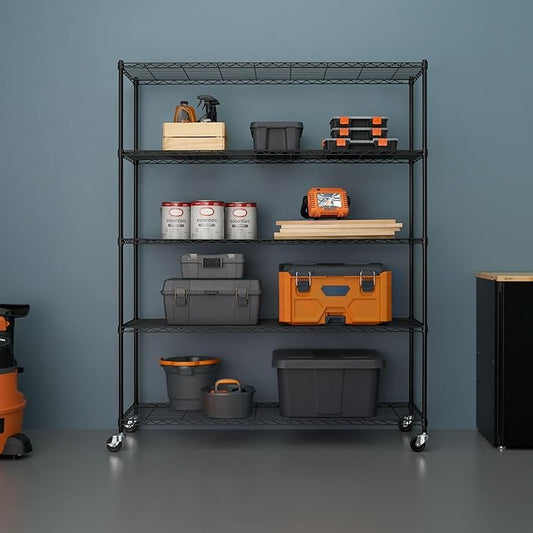 5-Tier Adjustable Wire Shelving with Wheels, Wire Shelf Rack for Kitchen Organization, Garage Storage, 500 to 2500 Pound Capacity, NSF Certified, 60” x 18” x 72”, Black