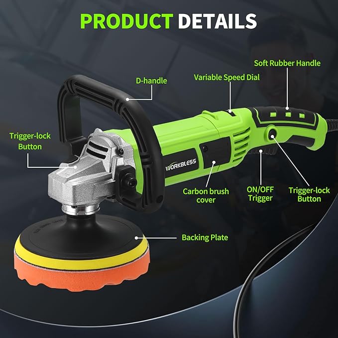 Buffer Polisher, 1600W 6 Inch/7 Inch Rotary Car Buffer Polisher Wax, 7 Variable Speed 1600-3500 RPM, Car Buffers and Polisher for Car, Boat Sanding and Polisher