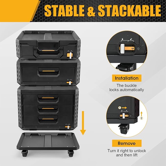 Heavy Duty Tool Box Dolly Fit for ToughBuilt StackTech Toolboxes,Carbon Steel Cart Base Rolling Platform with 4 Locking Wheels, Mobile Tool Storage Base for Garage & Jobsite