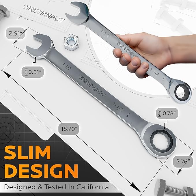 TIGHTSPOT 1-1/2 Inch Ratchet Combination Wrench with Precision Movement and Hardened, Polished Steel for Projects with SAE Tight Spaces