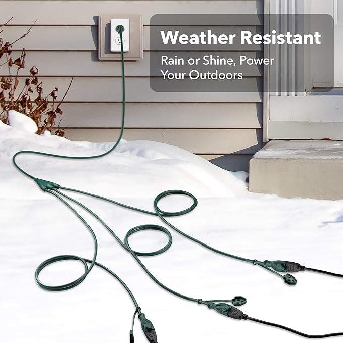 BN-LINK 1 to 3 Splitter Extension Cord, 24 ft End to End(36 ft Total), Multi-Outlet Power Cord, 16/3 SJTW Weather Resistant for Lighting, Landscaping & Holiday Decorations, Grounded, ETL
