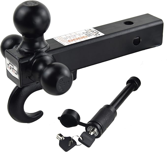 TOPTOW 64181HL Trailer Receiver Hitch Triple Ball Mount with Hook, Black Balls, with Black Dogbone Trailer Hitch Lock, Fits for 2 inch Receiver
