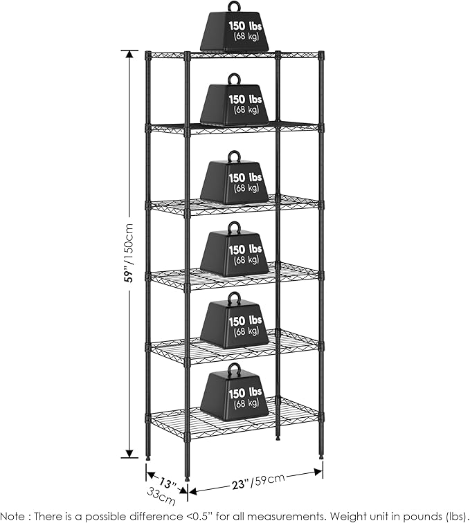 Furinno Wayar Metal Storage Shelf Rack, 6-Tier, 23 x 13 x 59, Black