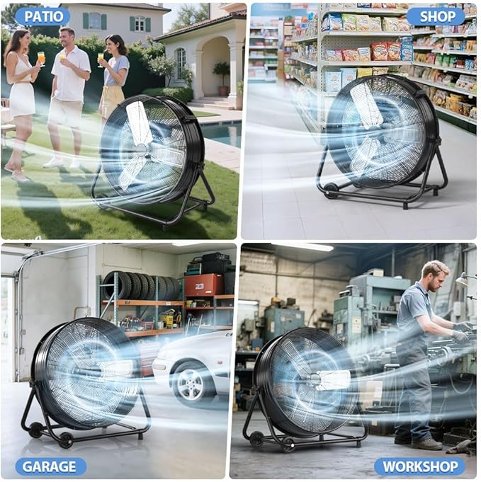 LifePlus 30" Industrial Drum Fan, 14000 CFM 550W High Velocity 3-Speed Heavy Duty Metal Air Circulator with 360° Tilt, Casters Handle for Warehouse Factory workshops Patios Garage