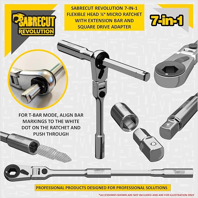 1 x SabreCut MRSC07 7-in-1 Flex Head 6.3mm 1/4" HEX Magnetic Mini Micro Ratchet with Extension Bar and 1/4" Square Drive Socket Adapter Stainless Steel Professional 60 Tooth Gear Hand Ratchet Wrench