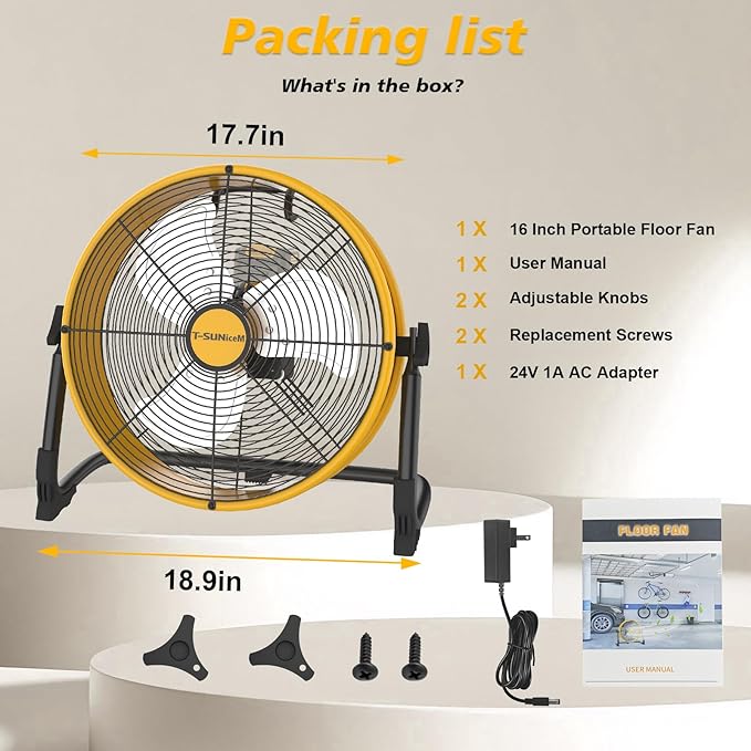 16" Battery Operated Floor Fan Compatible with Dewalt 20V Max Battery, Portable Fan with AC Adapter and USB Output, Metal Industrial High Velocity, Stepless Speed Cordless Fan for Jobsite Camping