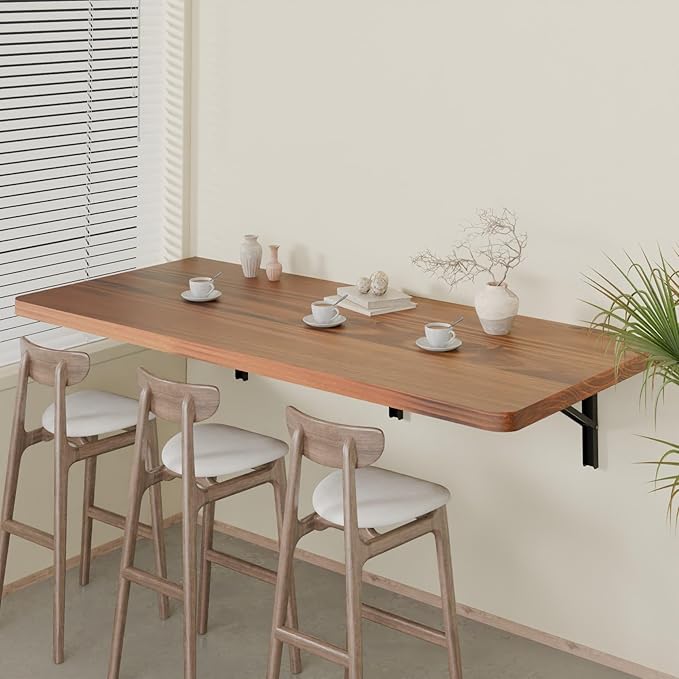 IAE Floating Wall Mounted Folding Table Desk with Pine Wood,48" x 22" Foldable Workbench,Fold Down Wall Mounted Foldable Desk with Shelf Brackets,Laundry Folding Table for Home,Dining,Kitchen,Teak