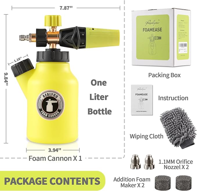 REALYOU Foam Cannon up to 4500 PSI, Foam Cannon for Pressure Washer with 1/4'' Quick Connector, Snow Foam Cannon with Adjustable Nozzle and 1L Foam Cannon Bottle, Fits Most Car Washing Accessories