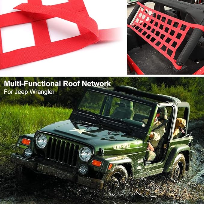 JeCar Mesh Roof Cargo Net Roof Hammock Exterior Accessories Compatible with Jeep Wrangler 1987-2023 YJ TJ LJ JK JKU JL JLU JT, Red