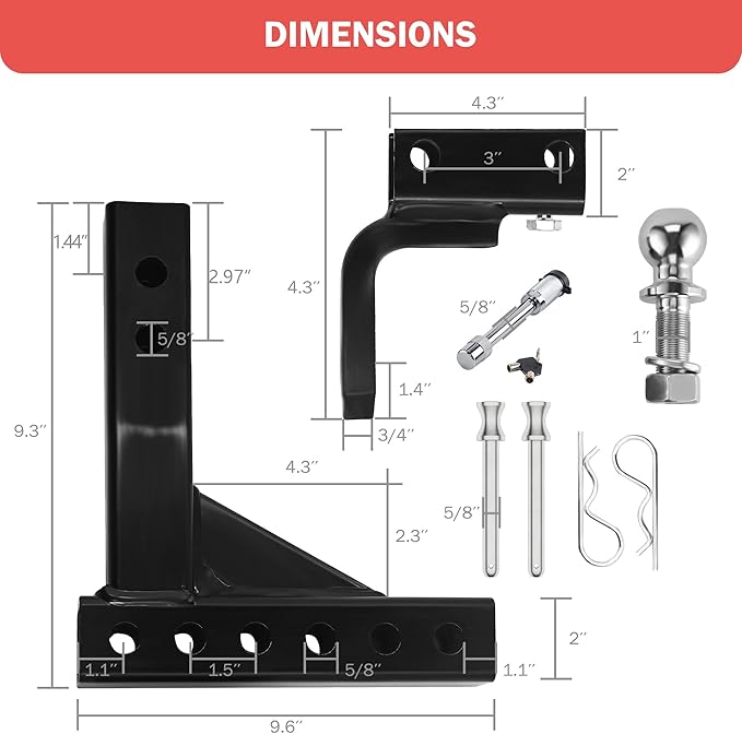 OPENROAD Adjustable Trailer Hitch Ball Mount - Fits 2-Inch Receiver, 2" Tow Balls, 7500lbs, 9-1/2" Drop/ 8-1/4" Rise, Heavy Duty Truck Hitch with Pin Lock