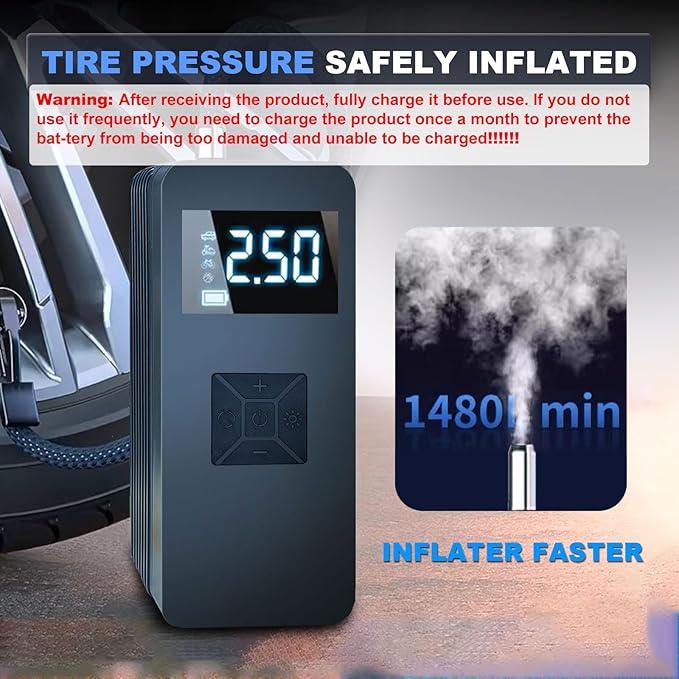 Tire Inflator Portable Air Compressor with Digitally Display Pressure Gauge 20000mA, Car Air Compressor Pump with Jump Starter 150PSI, 14.8 V Car Battery Jump Starter Portable