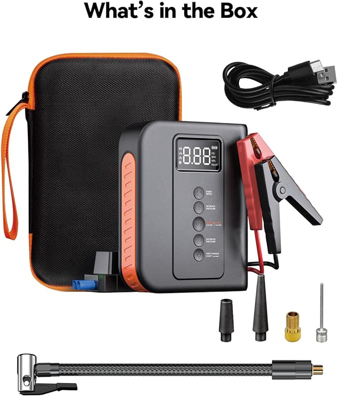 Battery Jump Starter with Air Compressor for Car, 10000mAh Portable Power Pack 150PSI Tire Inflotor, USB Charge, LED Light, for All Gas and Up to 8L Diesel Engines Jumper Box