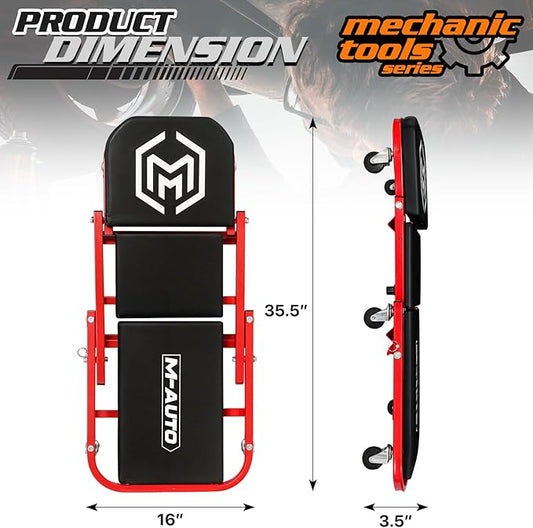 M-AUTO Foldable Z Creeper 2-in-1 Rolling Folding Car Creeper & Seat, 36" Adjustable Roller Garage Chair Lay Down or Sit, 330LBS Capacity Under Car Roller Creeper with 6 Swivel Casters, Red