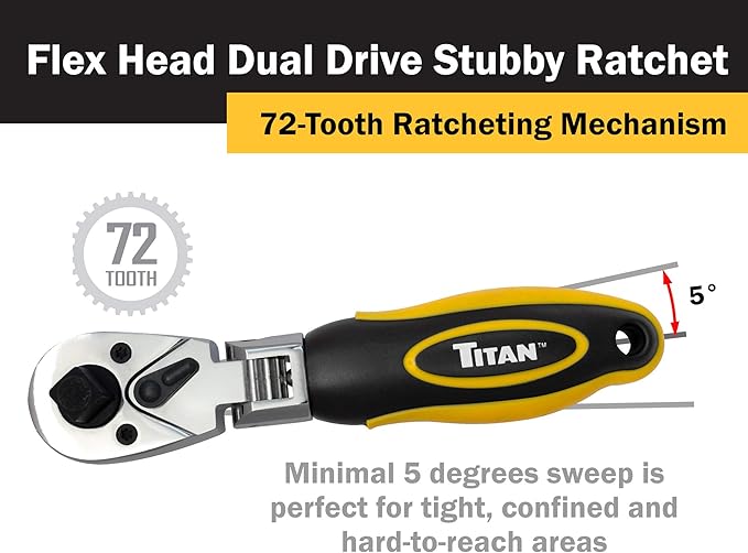 Titan 12351 3/8-Inch and 1/2-Inch Drive x 6-Inch 72-Tooth Flex Head Dual Head Stubby Ratchet