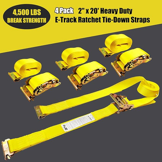 KJE E-Track Ratchet Straps, 4 Pack 2" x20' Heavy Duty Cargo Tie-Downs, 4500LBS Breaking Strength, Standard E Track Fitting Tie Down Ratcheting Strap for Cargo Vans, Trucks, Trailers