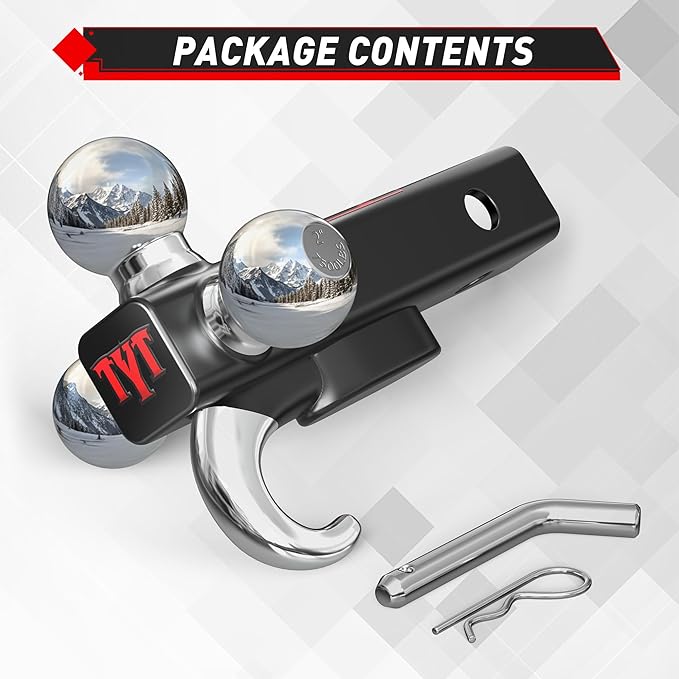 TYT Trailer Hitch Tri Ball Mount with Tow Hook,Fits 2 inch Receiver,Triple Balls (1-7/8", 2", 2-5/16"),10,000 lbs GTW,1,000 lbs TW,with Hitch pin