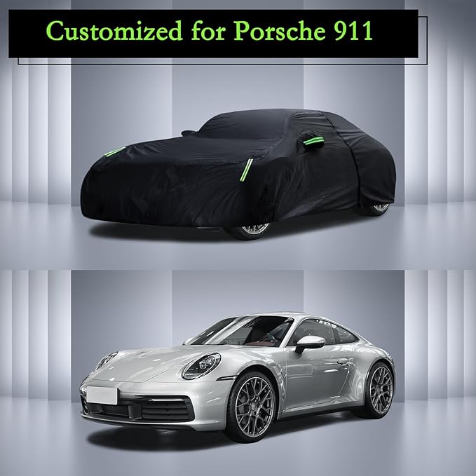 Car Cover Custom Fit for 1998-2026 Porsche 911 (991/992/996/997 Series) Carrera 4S/Turbo/Carrera, Waterproof All Weather Full Exterior Cover Rain Sun Protector with Door Zipper