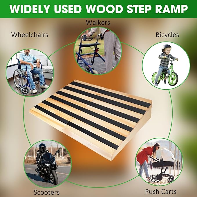 8" Rise Wooden Threshold Ramp for Home Steps, Door Ramp for Wheelchair/Walker/Cart/Scooter, Multipurpose Door Ramp with Non-Slip Stripes(35.4" W*8.0" H, Solid Wood, 800LBs Capacity)