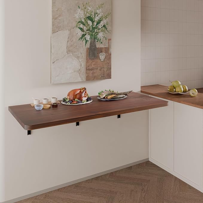 IAE Floating Wall Mounted Folding Table Desk with Pine Wood,48" x 22" Foldable Workbench,Fold Down Wall Mounted Foldable Desk with Shelf Brackets,Laundry Folding Table for Home,Dining,Kitchen,Brown