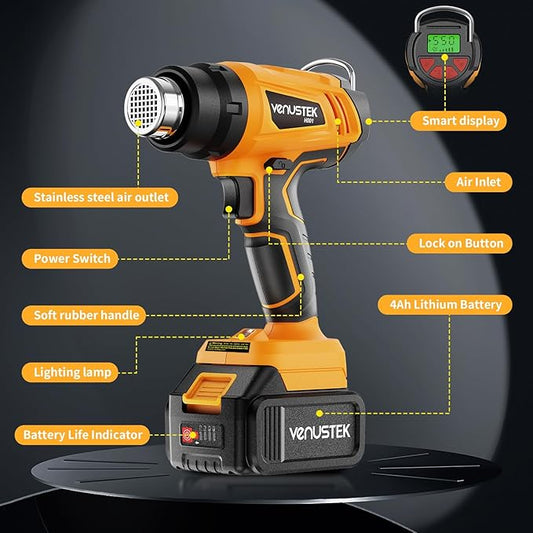 20V Cordless Heat Gun with 2 x 4.0Ah Batteries (122℉–1022℉) Fast-Heating Hot Air Gun Kit with Screen Display Variable Temperature Wind Speed, Portable Heat Gun for Shrink Tubing Vinyl Wrap