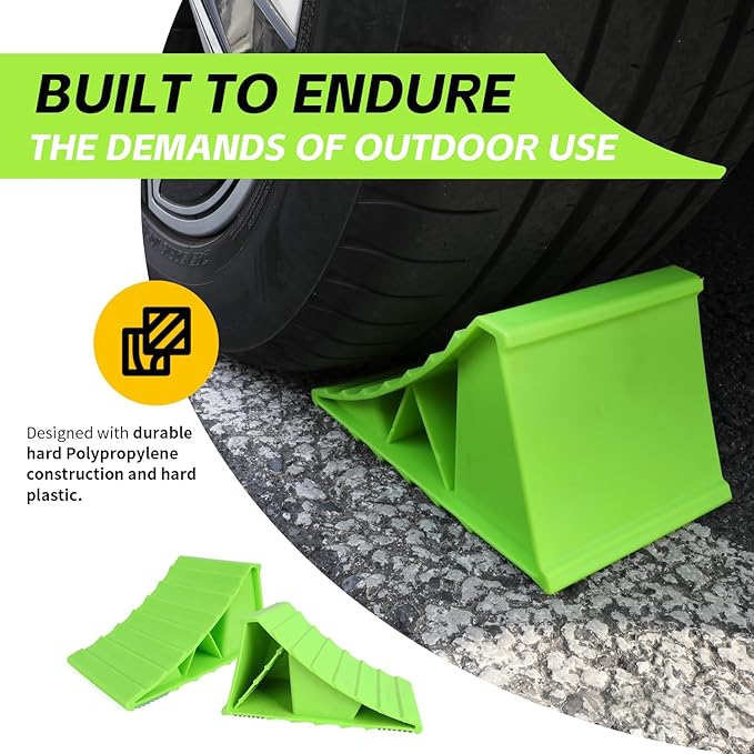 MaxxHaul High Visibility Polypropylene Wheel Chocks 2-Pack 8.4" x 4.75" x 4.25" Non-Slip Base Lightweight Durable Tire Chocks for Cars Trailers and Small RVs Neon Green (50230)