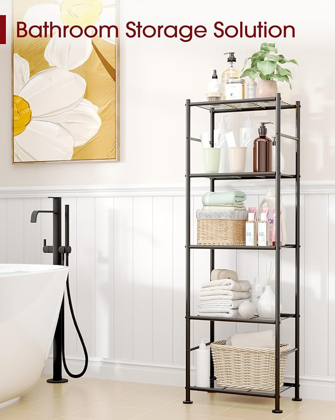 Sakugi 5-Tier Metal Storage Shelves - Slim Shelf Organizer with Reinforced Side Bars, Spacious Storage for Kitchen, Bathroom, and Laundry Room Organization, 18.2" x 12.5" x 57.1", Black