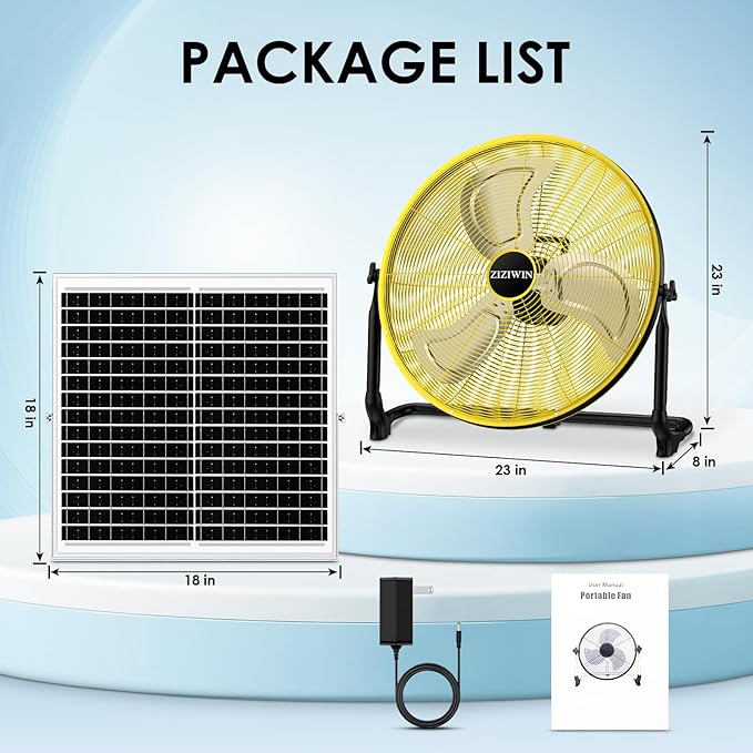 20'' Large Solar Fan, Battery Operated Camping Fan for Outside, Portable Rechargeable Cordless Floor Fan, 360° Tilt, USB Output, Wireless, for Home Garage Outdoor Patio Gazebo Greenhouse RV