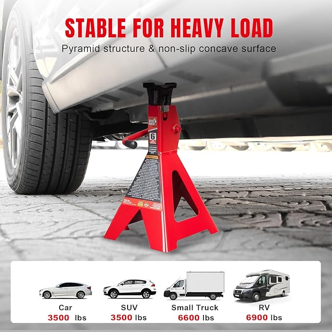 Big RED Torin 6 Ton Steel Jack Stands: Heavy Duty Car Jack Stand, for Sedans and Cars - Red, 1 Pair