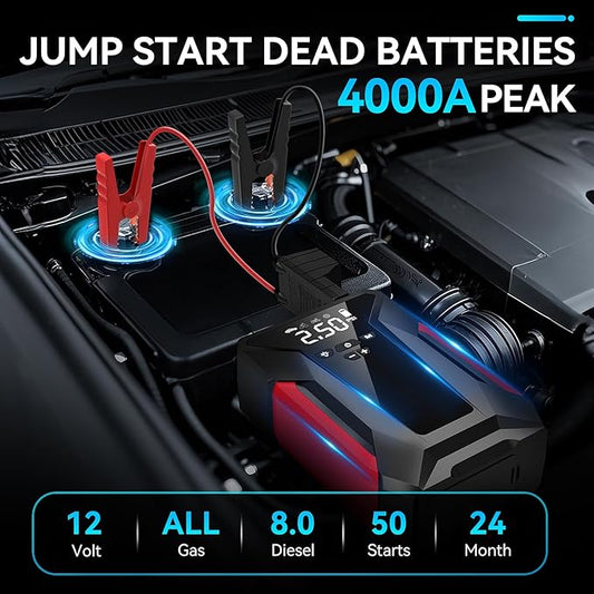 Jump Starter with Air Compressor,4000A Portable Car Battery Jump Starter (10L Gas/8.5L Diesel), 12V Battery Charger Booster,150PSI Auto-Shutoff Tire Inflator,Portable Jumper Cables, LED Light (Black)