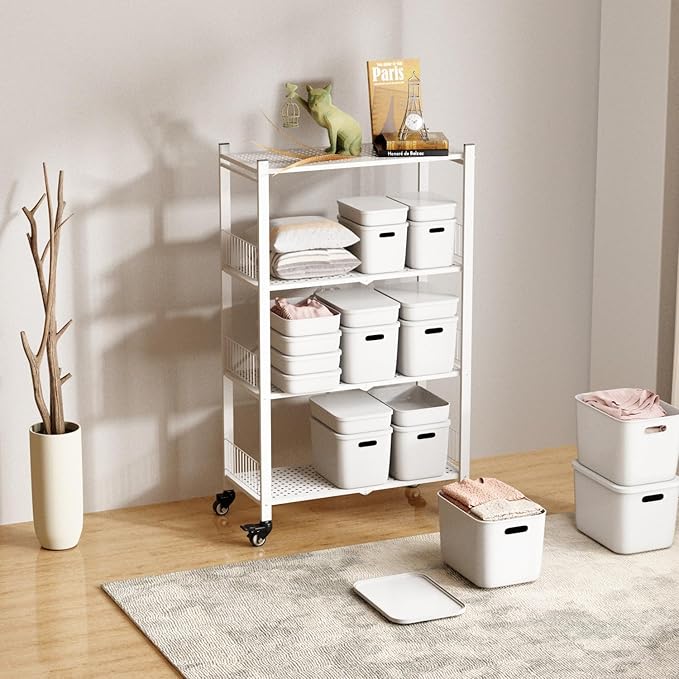 4-Tier Metal Foldable Shelf Shelving Rack Organizer on Rolling Wheels in Kitchen, Pantry, Warehouse, Patio, Basement, Dorm, Garage, RV