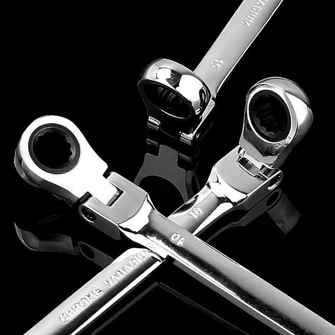 Flexible Head Ratcheting Wrench, 3 PCS 10 mm Ratcheting Box Wrench Set with 5° Movement and 72 Teeth for Projects with Tight Space