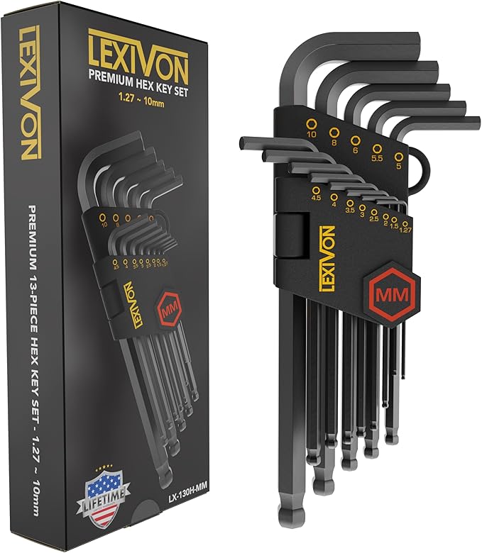 LEXIVON Allen Wrench Set, 13-Piece Premium Metric Hex Keys, L-Shaped Long Arm Ball End Design, Industrial-Grade S2 Alloy Steel (LX-130H-MM)