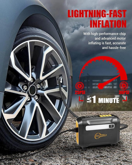 ROCGORLD R8 Tire Inflator Portable Air Compressor, DC 12V Portable Air Compressor with Large Dual Digital Screen, 3X Faster Inflation Portable Air Pump for Car Tires, Bike, Motor - Car Accessories