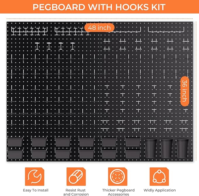 INCLY 226PCS Metal Pegboard Wall Organizer, 48x36 Inch Black Peg Board Panels Tool Organizer Kit with Hooks Bins and Cups, Peg Board Storage System for Garage Workbench Shed