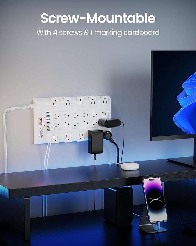 Flat Plug Power Strip, SUPERDANNY Surge Protector with 22 AC Outlets and 6 USB Charging Ports, 1875W/15A, 2100 Joules, 6.5Ft Heavy Duty Extension Cord for Home Office, Dorm, Gaming Room, White