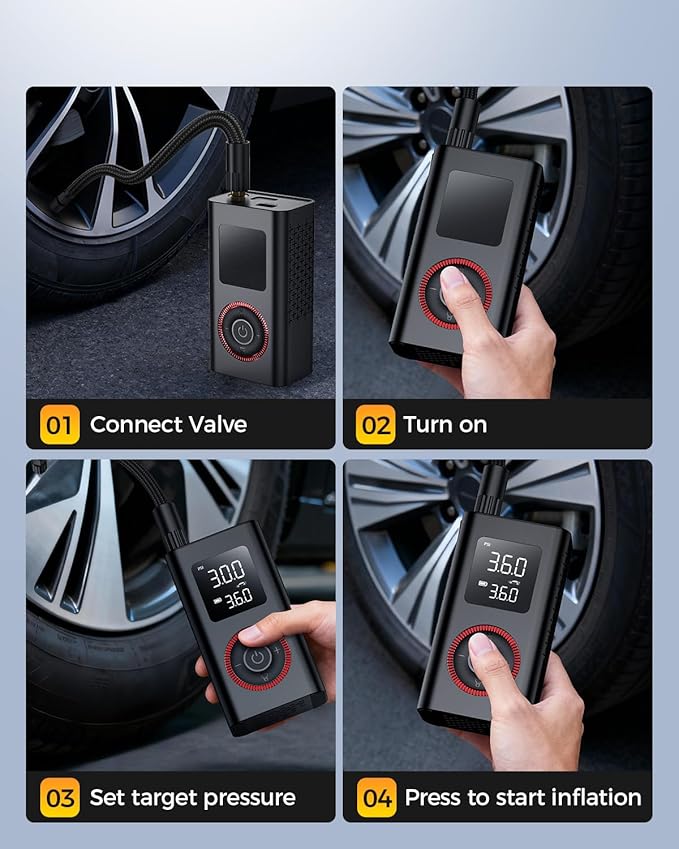 Tire Inflator Portable Air Compressor with Type-C Charging, Digital Pressure Gauge, LED Light, Smart Air Pump for Car, Motorcycle, Bike, Ball