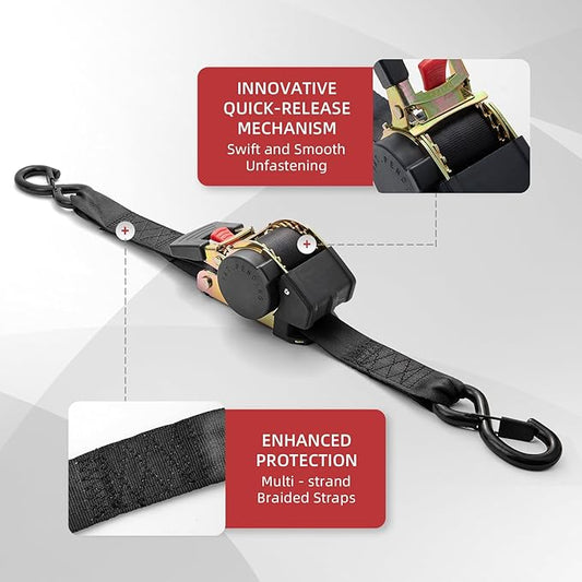 Auto Retractable Ratchet Tie-Down Straps 4500 lbs, 2in × 10ft Self-Retracting Ratchet Straps with Dampers, Heavy Duty S-Hooks, Auto Retract Strap System for Cargo, Trucks, Trailers, Blcak, 2 Pack